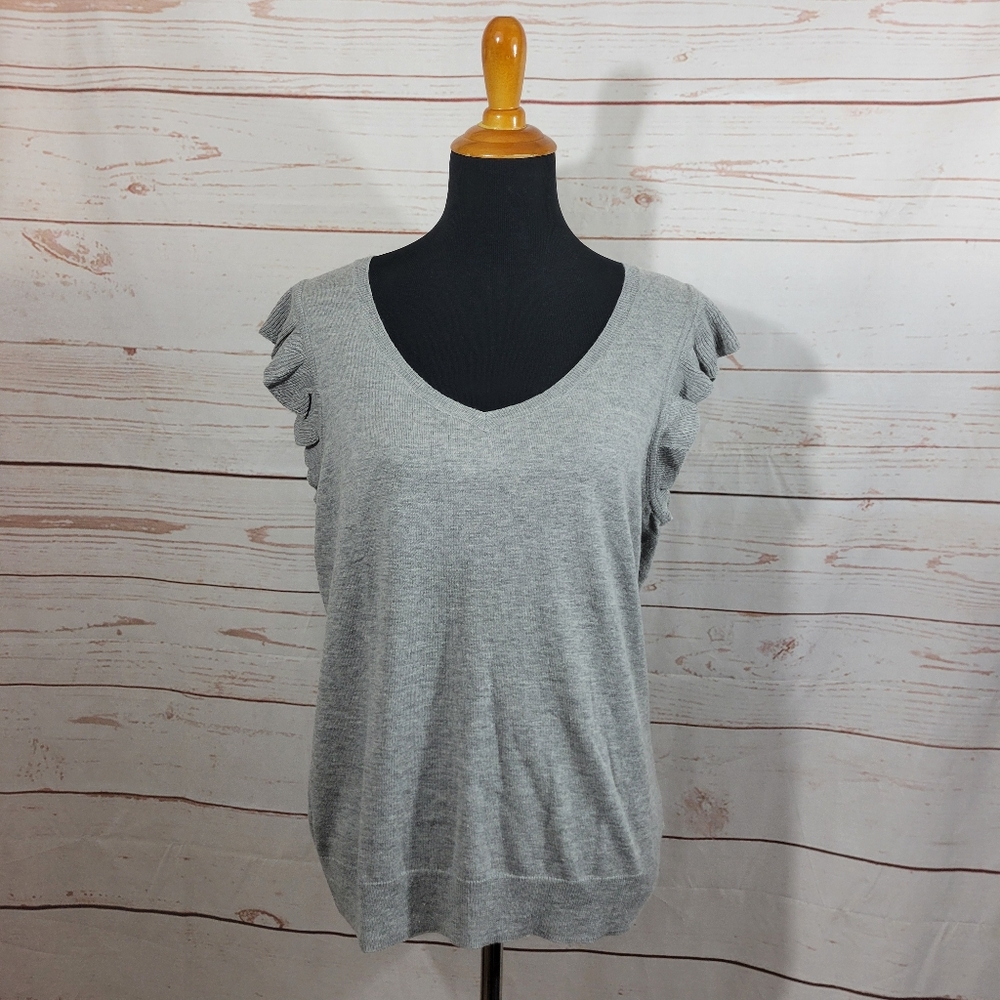 Talbots Gray Knit Flutter Short Sleeve Vneck Cotton Wool Blend Top Size L NWT